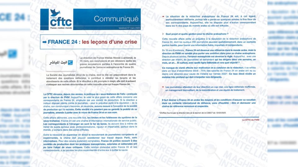 Exclusif. Errance managériale, partialité et manque de professionnalisme : le syndicat CFTC pointe du doigt les graves dérives de la chaîne France 24 en arabe